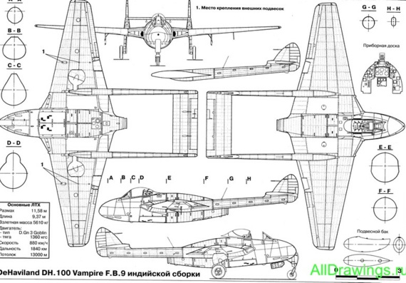 De Havilland DH-100 Vampire aircraft drawings (figures)